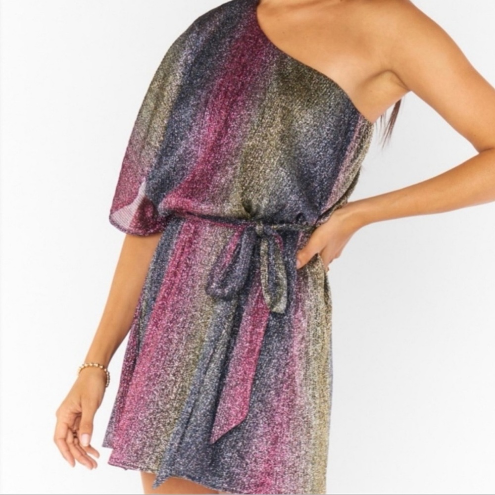 Show Me Your Mumu One-Shoulder Mini Dress in muted rainbow colors